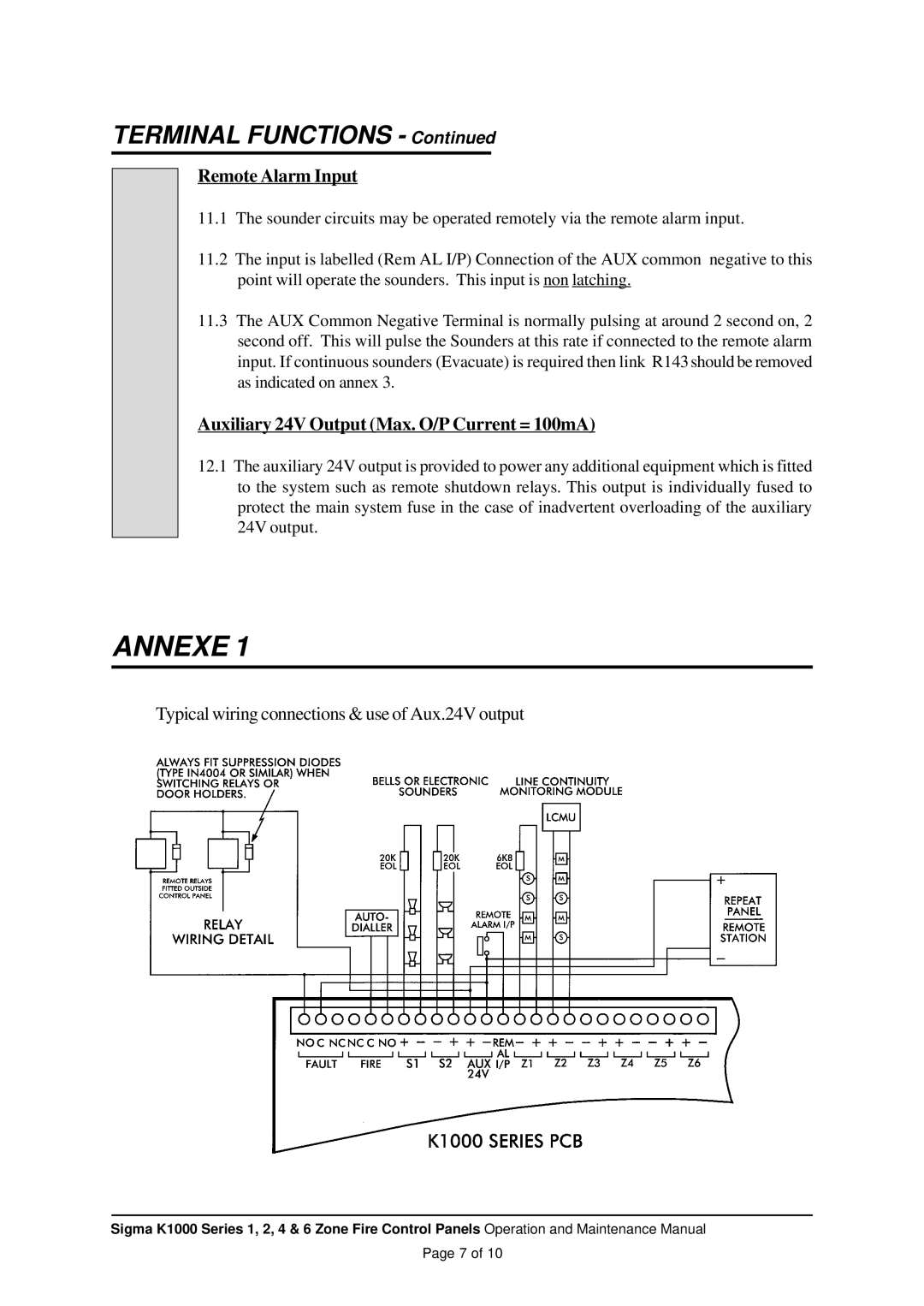 Sigma K1000 manual Terminal Functions, Remote Alarm Input, Auxiliary 24V Output Max. O/P Current = 100mA 