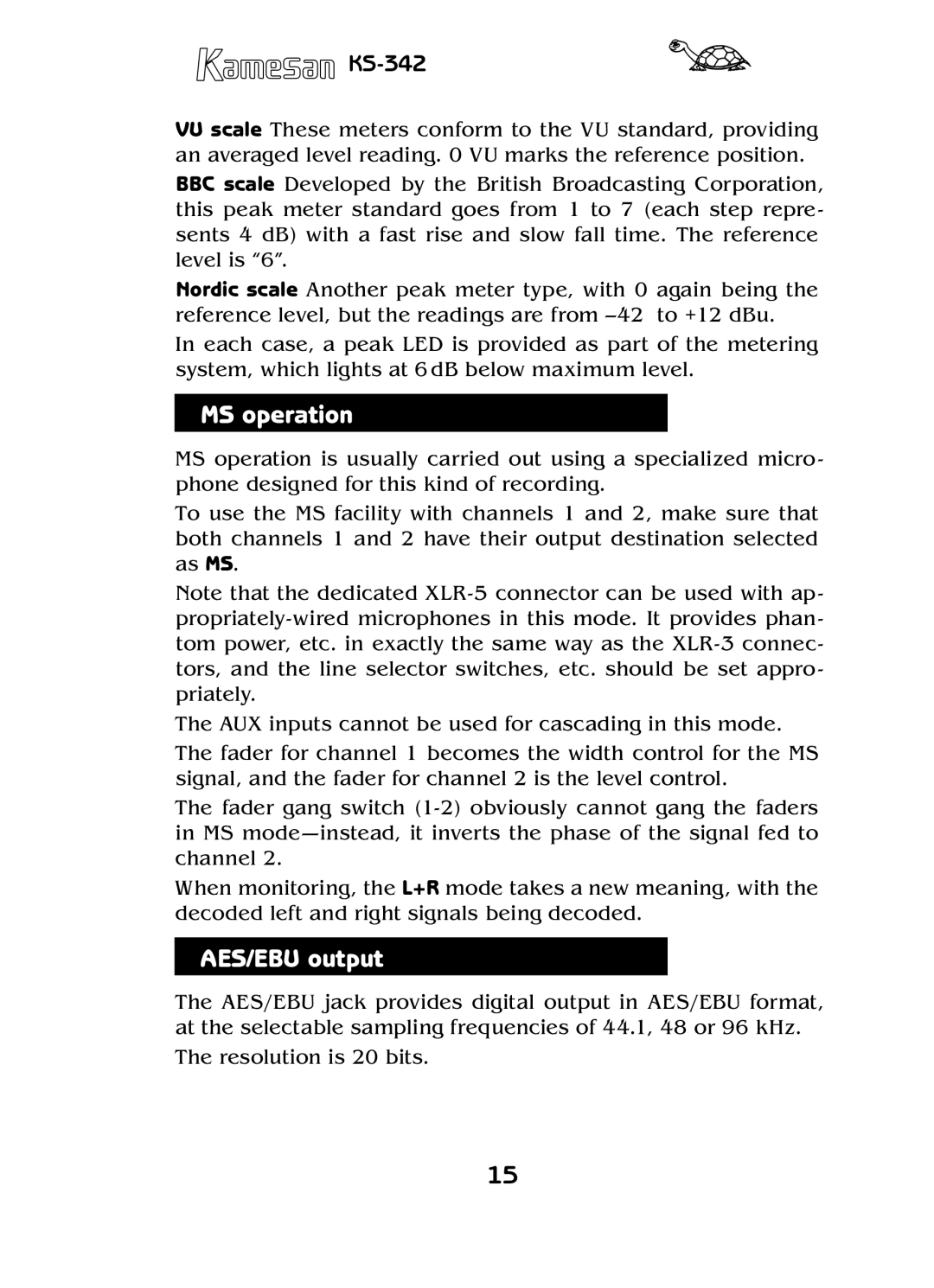 Sigma KS-342 manual MS operation, AES/EBU output 