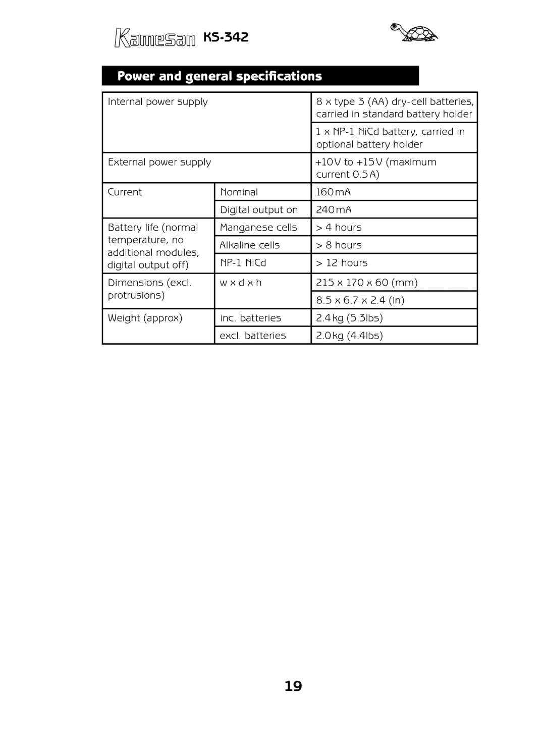 Sigma KS-342 manual Power and general specifications 