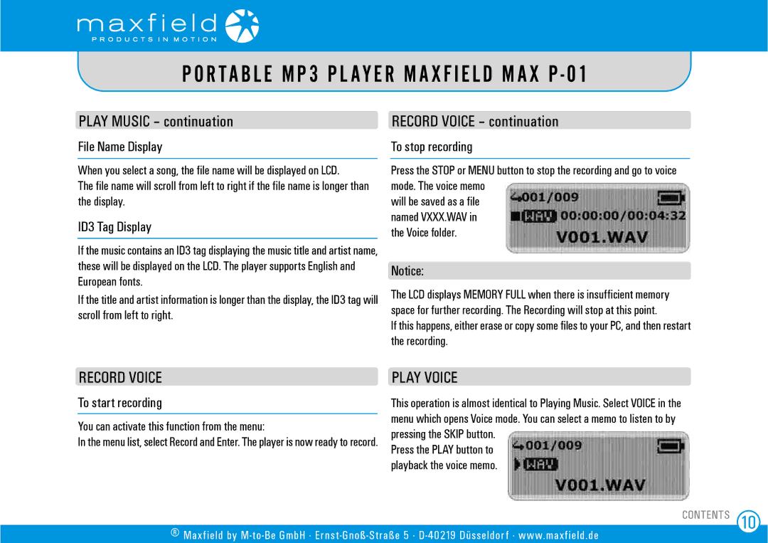 Sigma MAX P-01 user manual Play Music continuation, Record Voice continuation, Play Voice 