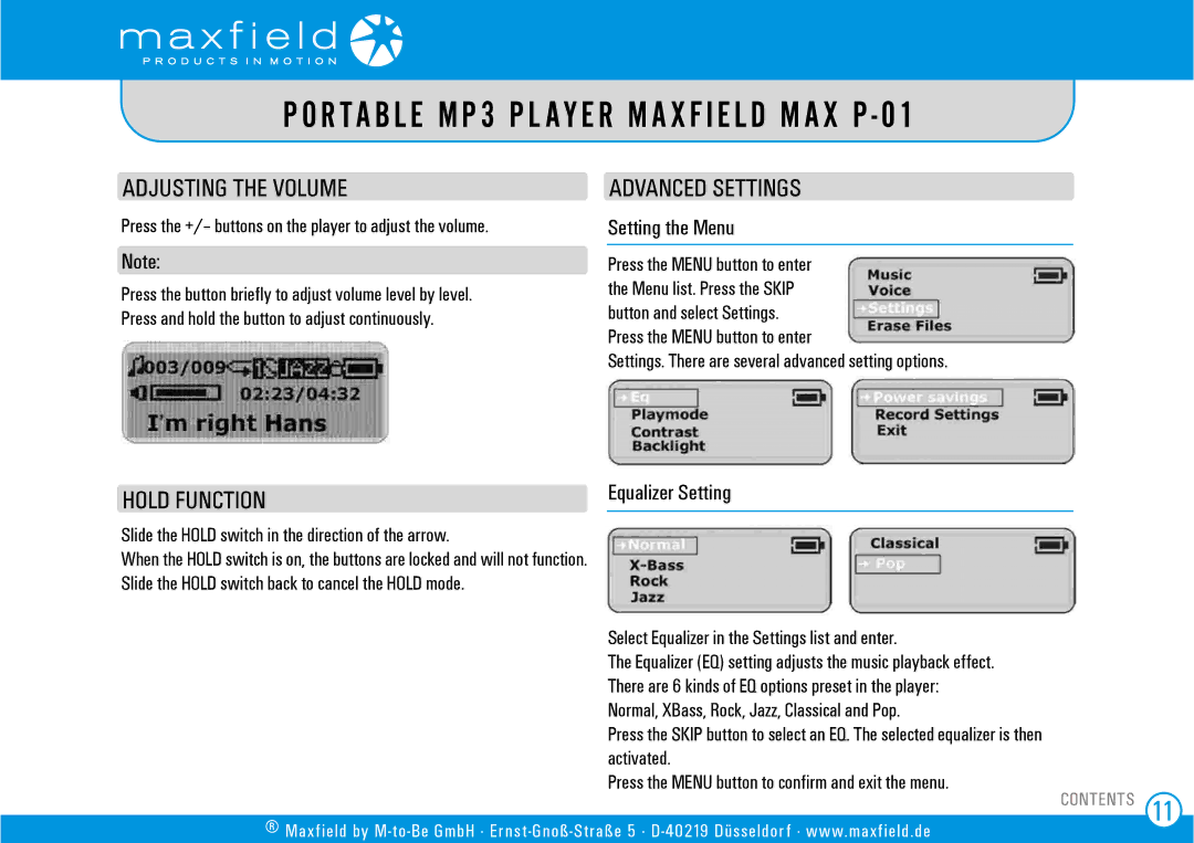 Sigma MAX P-01 user manual Adjusting the Volume, Hold Function Advanced Settings, Setting the Menu, Equalizer Setting 