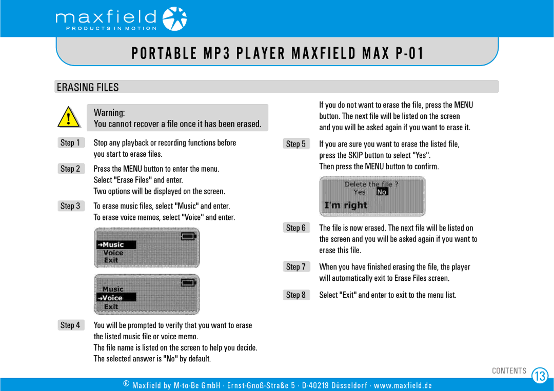 Sigma MAX P-01 Erasing Files, You cannot recover a file once it has been erased, Then press the Menu button to confirm 