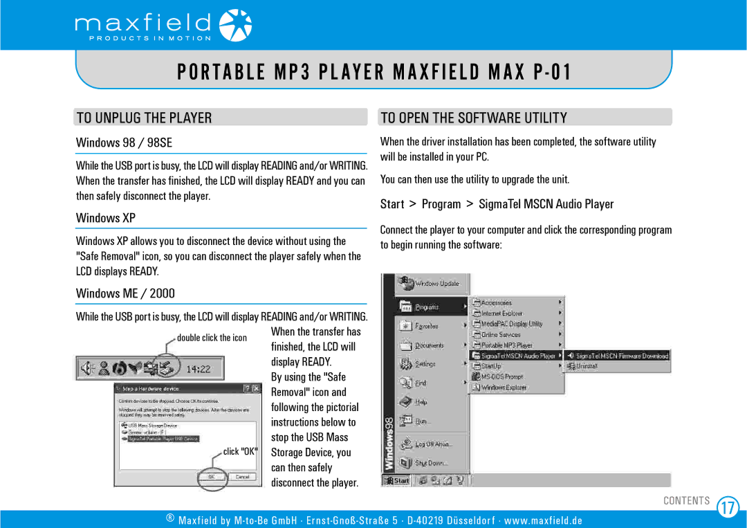 Sigma MAX P-01 To Unplug the Player, Windows 98 / 98SE, Windows XP, Windows ME, Start Program SigmaTel Mscn Audio Player 