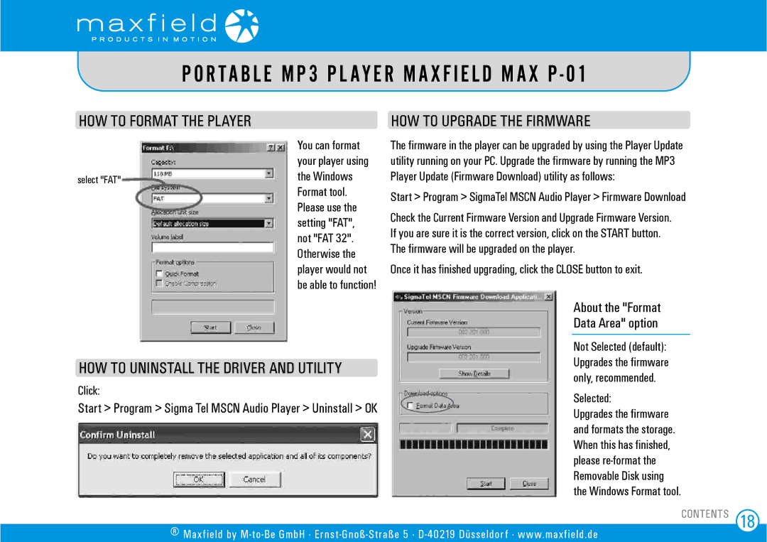 Sigma MAX P-01 HOW to Format the Player, HOW to Upgrade the Firmware, About the Format Data Area option, Click, Selected 