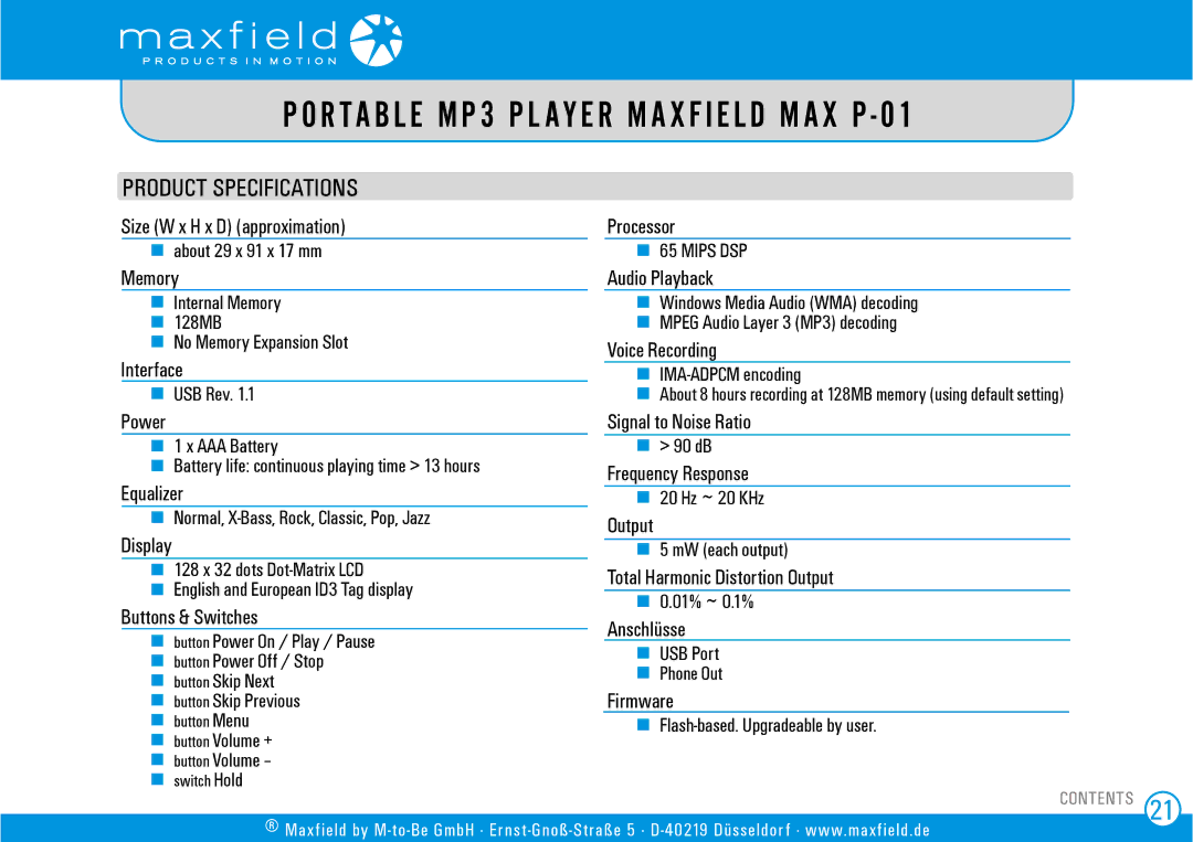 Sigma MAX P-01 user manual Product Specifications 