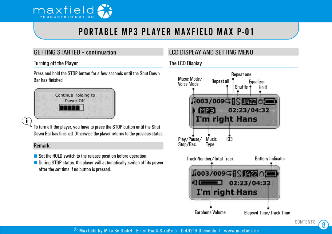 Sigma MAX P-01 user manual Getting Started continuation, LCD Display and Setting Menu, Turning off the Player, Remark 