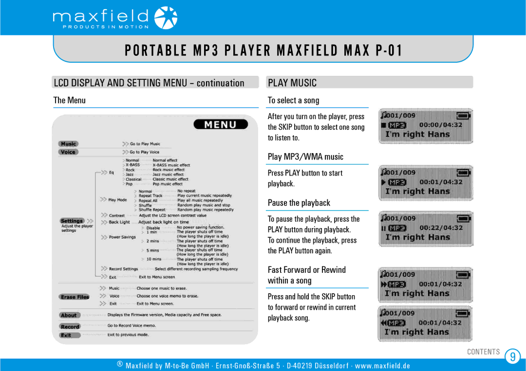 Sigma MAX P-01 user manual Menu, Play MP3/WMA music, Pause the playback, Press Play button to start playback 