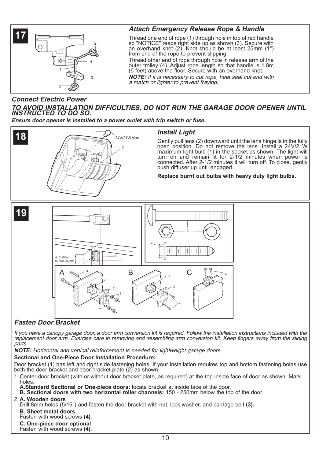 Sigma ML750 Attach Emergency Release Rope & Handle, Connect Electric Power, Install Light, Fasten Door Bracket 