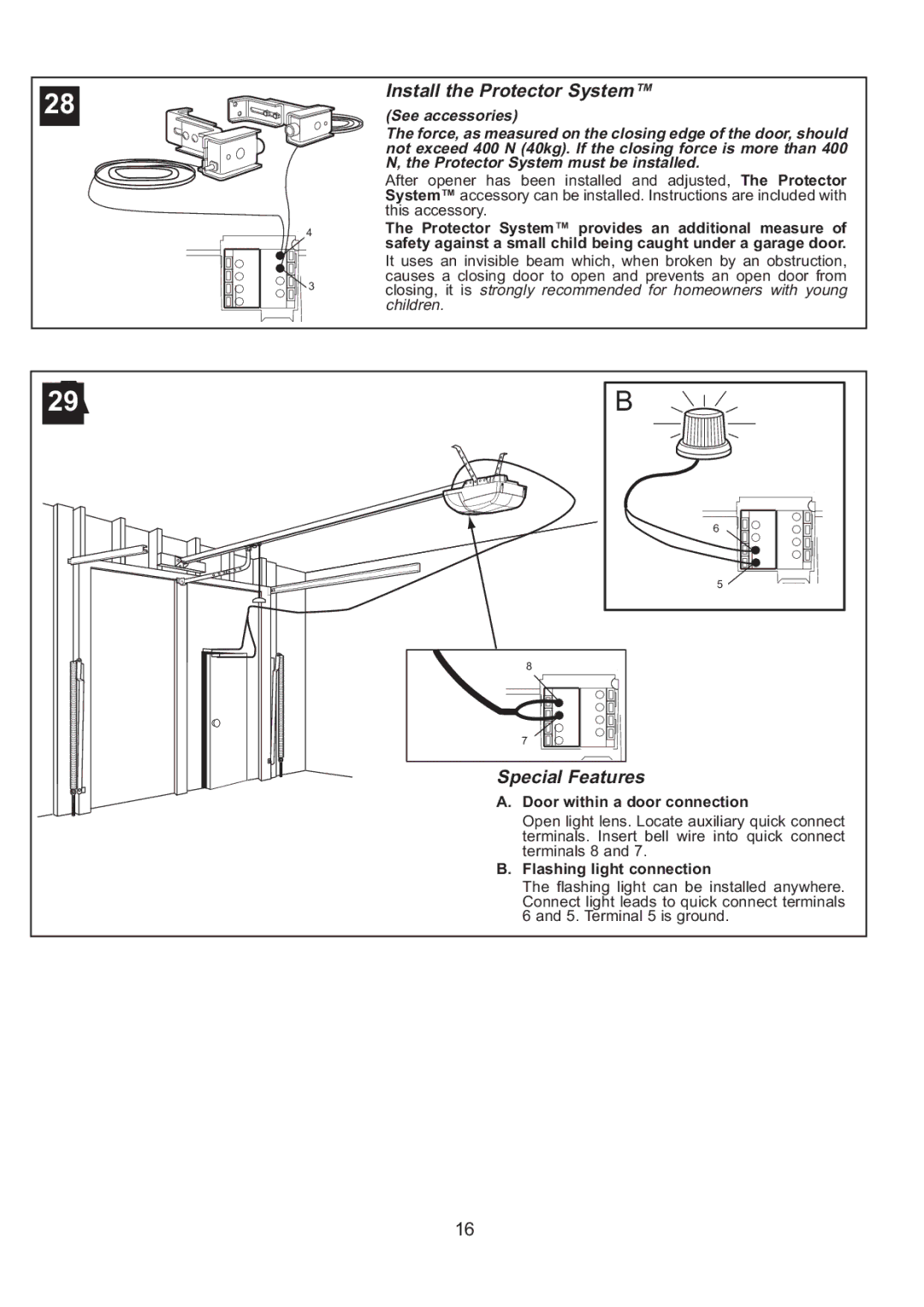 Sigma ML750 Install the Protector System, Special Features, Door within a door connection, Flashing light connection 