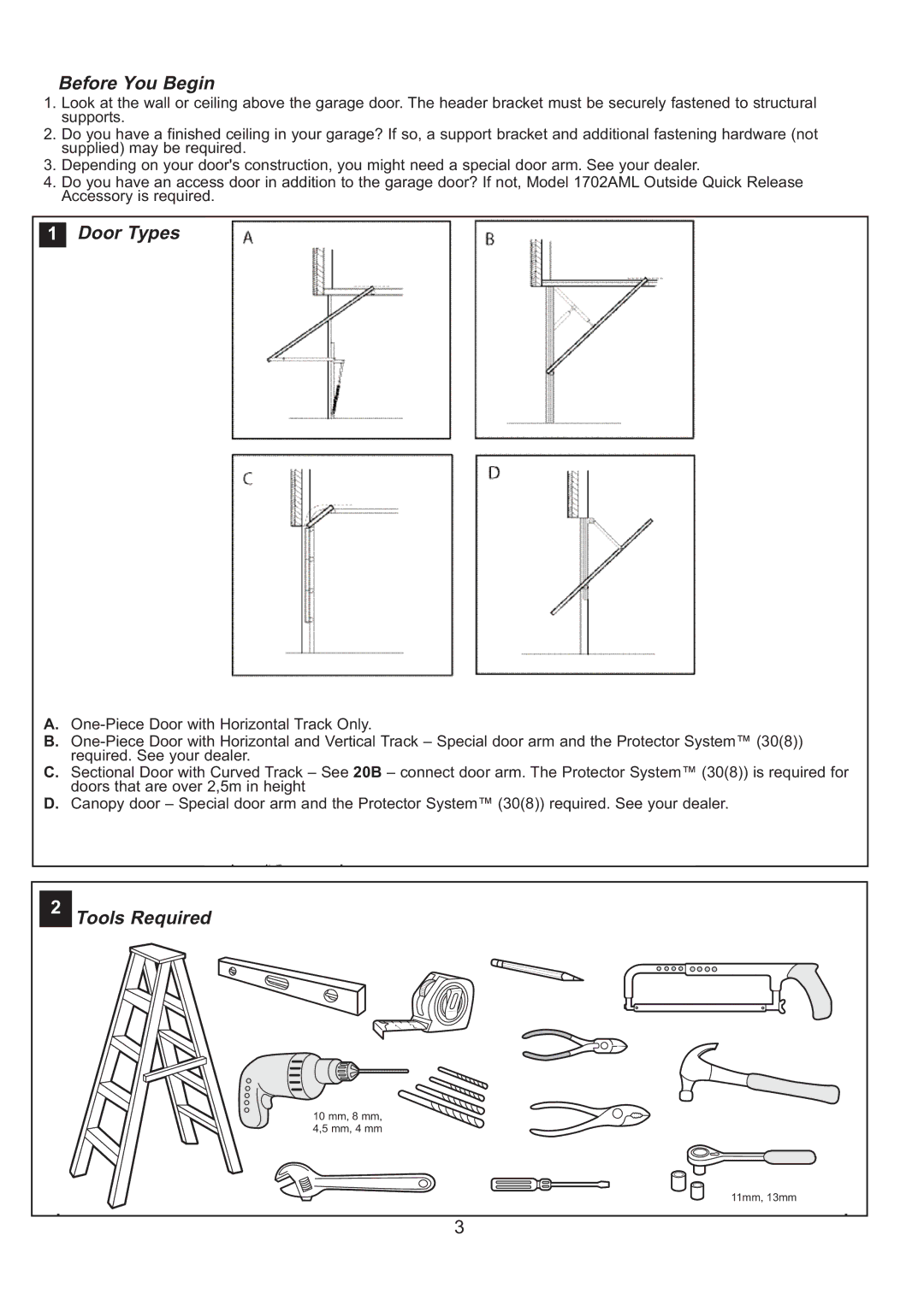 Sigma ML750 instruction manual Before You Begin, Door Types, Tools Required 