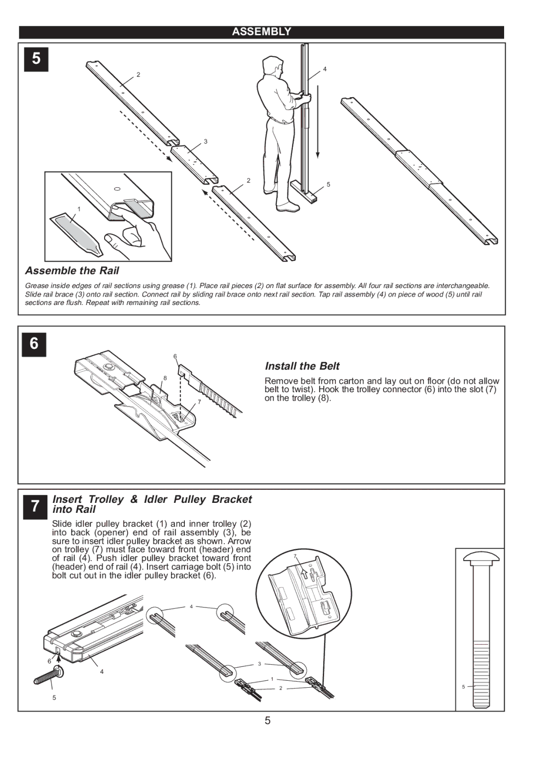 Sigma ML750 instruction manual Assemble the Rail, Install the Belt, Insert Trolley & Idler Pulley Bracket Into Rail 