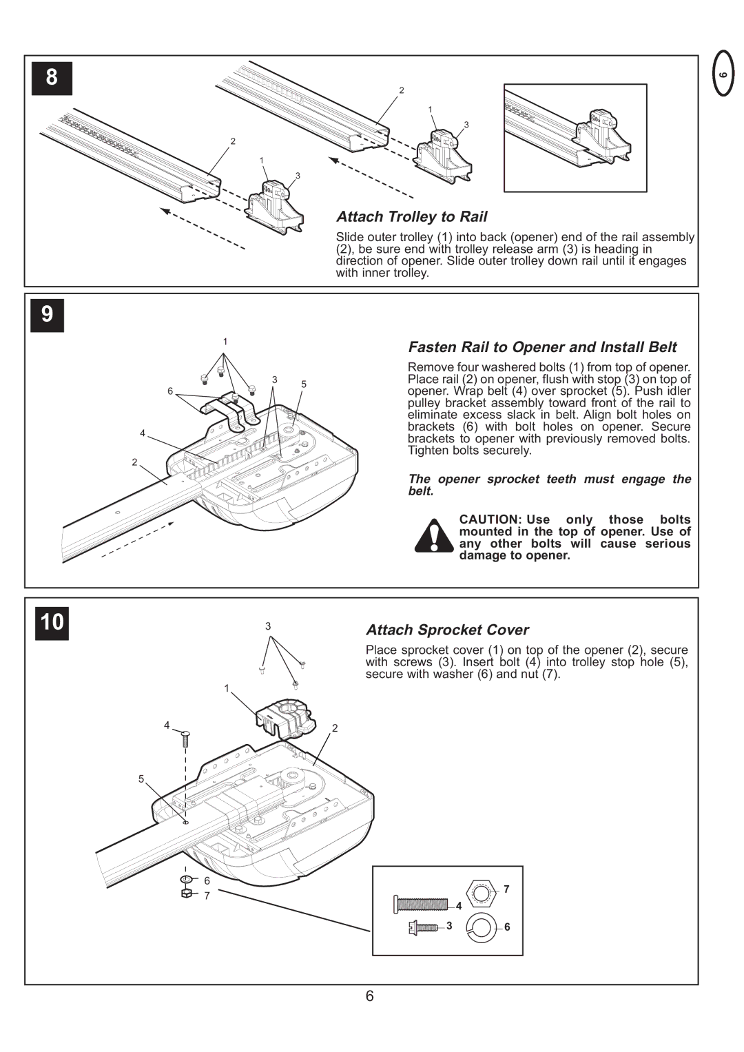 Sigma ML750 instruction manual Attach Trolley to Rail, Fasten Rail to Opener and Install Belt, Attach Sprocket Cover 