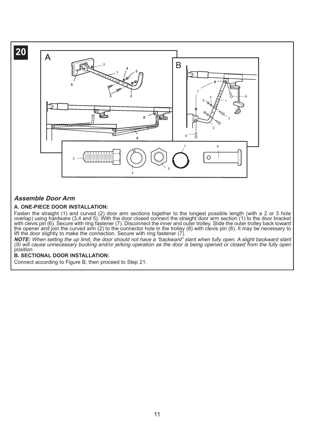 Sigma ML750 instruction manual Assemble Door Arm, A. One-Piecedoor Installation, B. Sectional Door Installation 