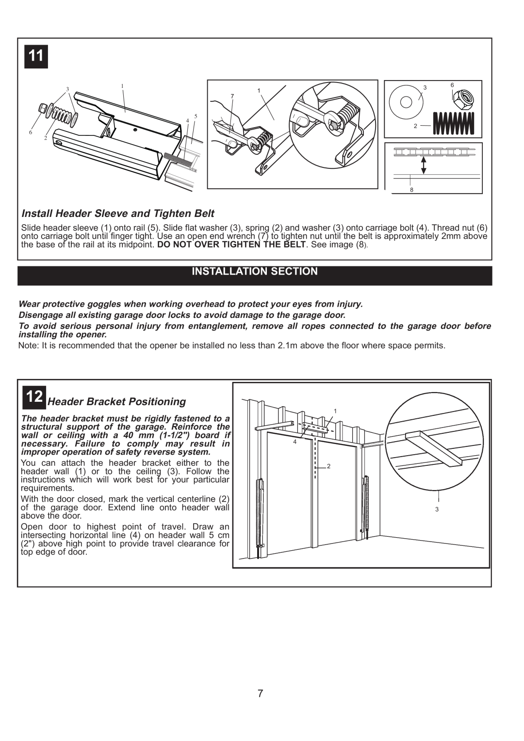 Sigma ML750 instruction manual Install Header Sleeve and Tighten Belt, Installation Section, Header Bracket Positioning 