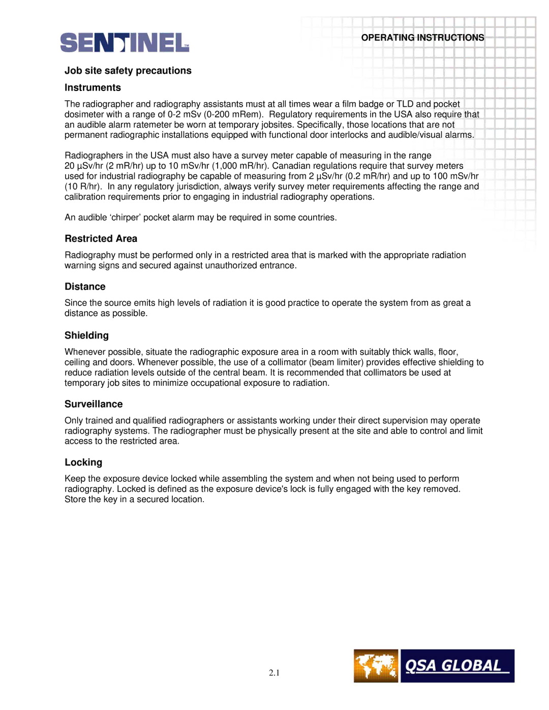 Sigma projetor manual Job site safety precautions Instruments, Restricted Area, Distance, Shielding, Surveillance, Locking 