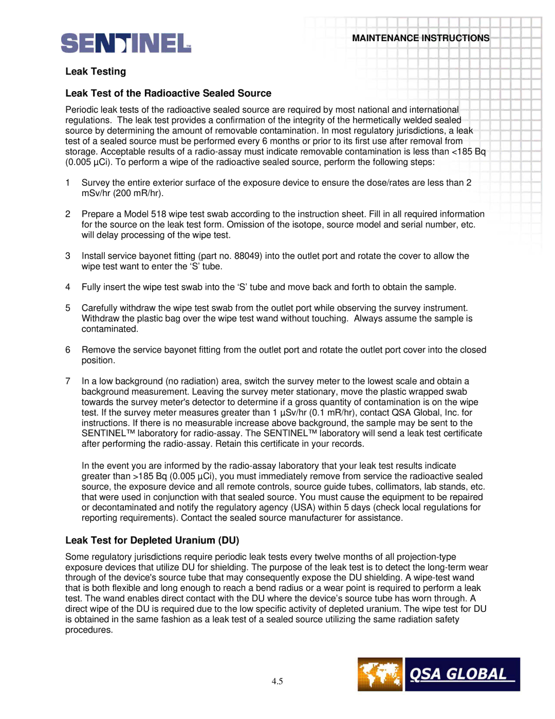 Sigma projetor manual Leak Testing Leak Test of the Radioactive Sealed Source, Leak Test for Depleted Uranium DU 