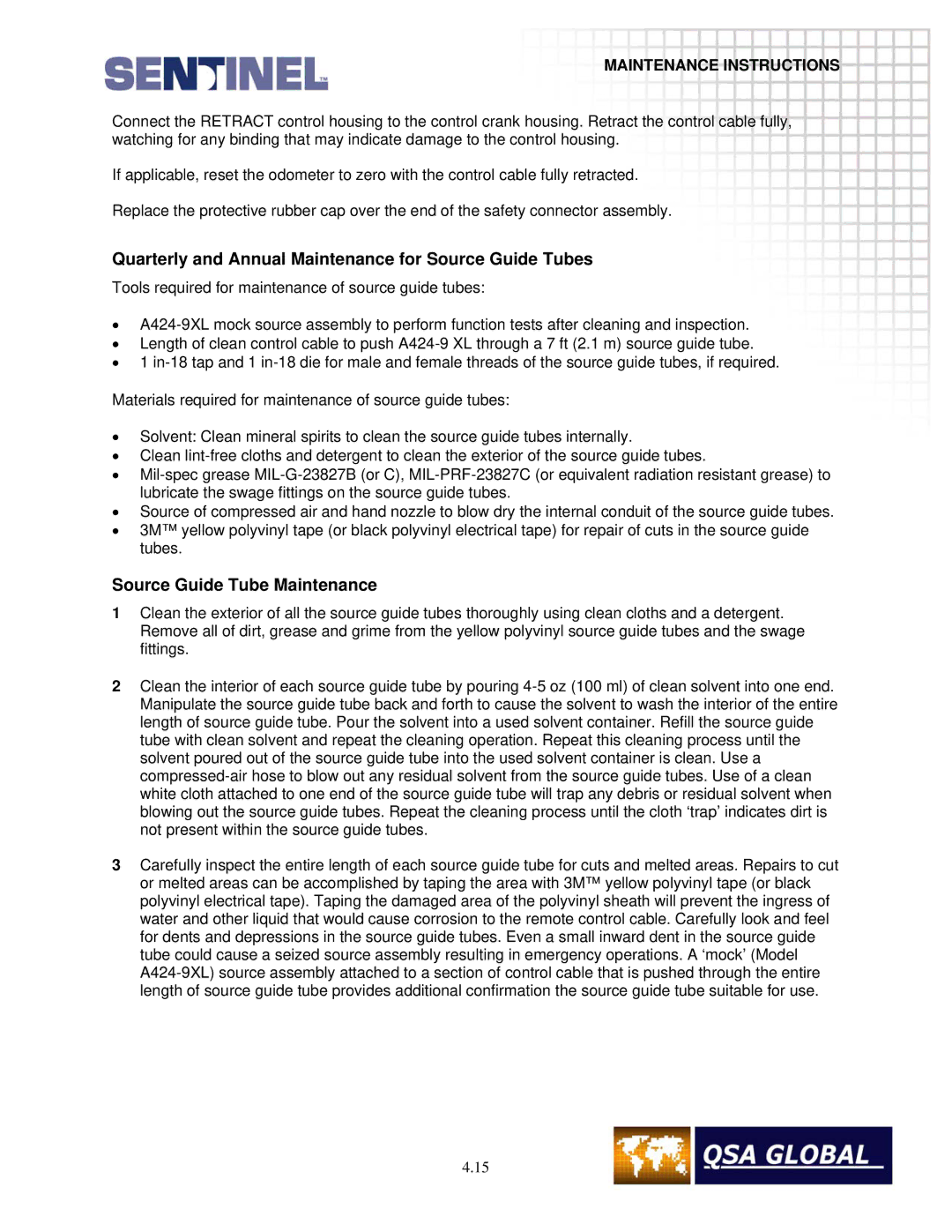 Sigma projetor manual Quarterly and Annual Maintenance for Source Guide Tubes, Source Guide Tube Maintenance 