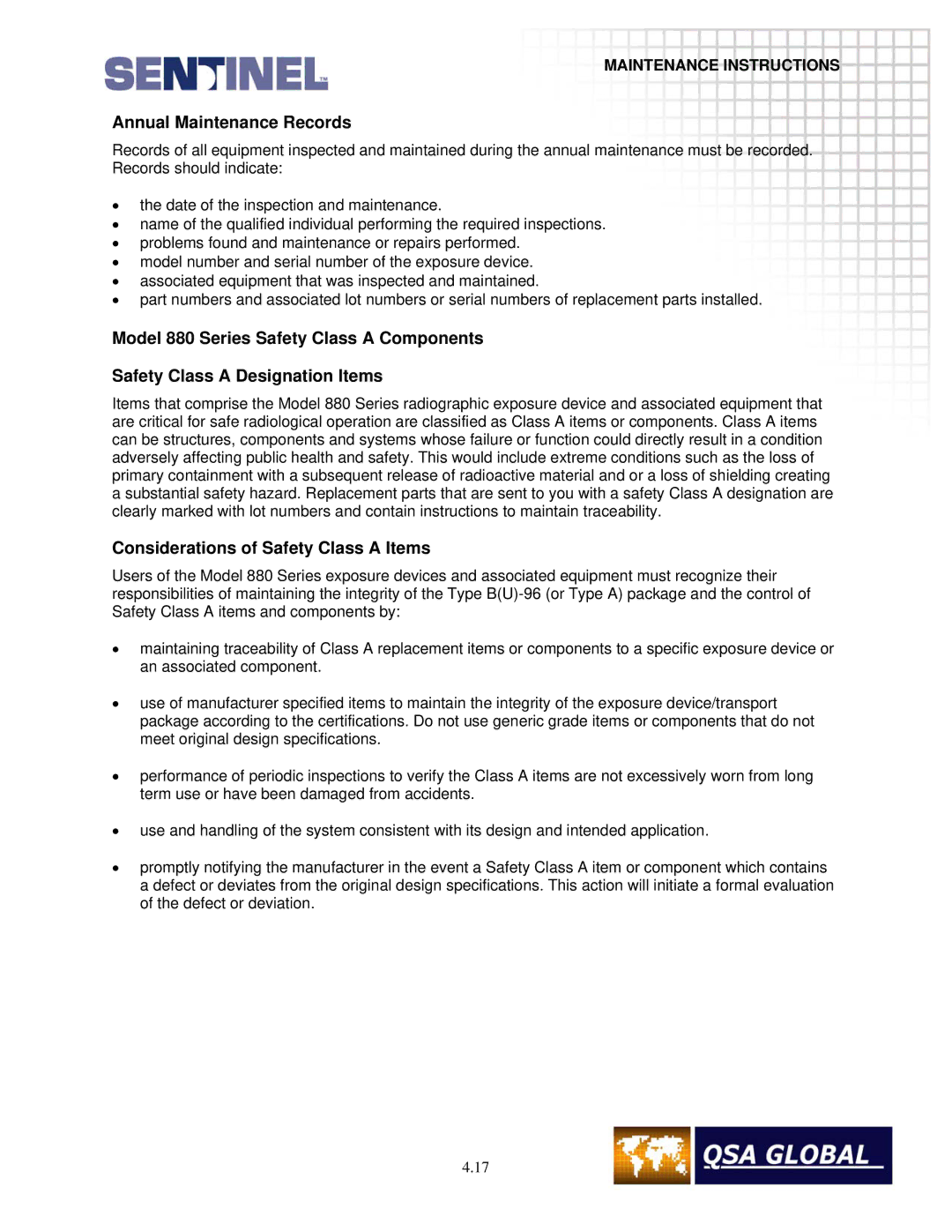 Sigma projetor manual Annual Maintenance Records, Considerations of Safety Class a Items 