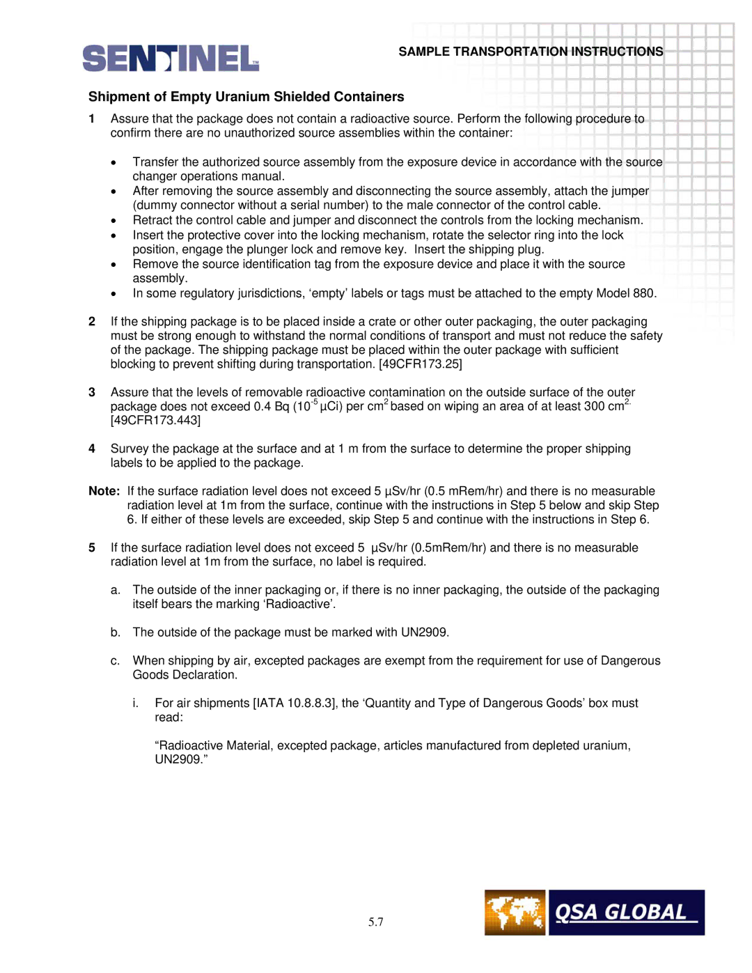 Sigma projetor manual Shipment of Empty Uranium Shielded Containers 