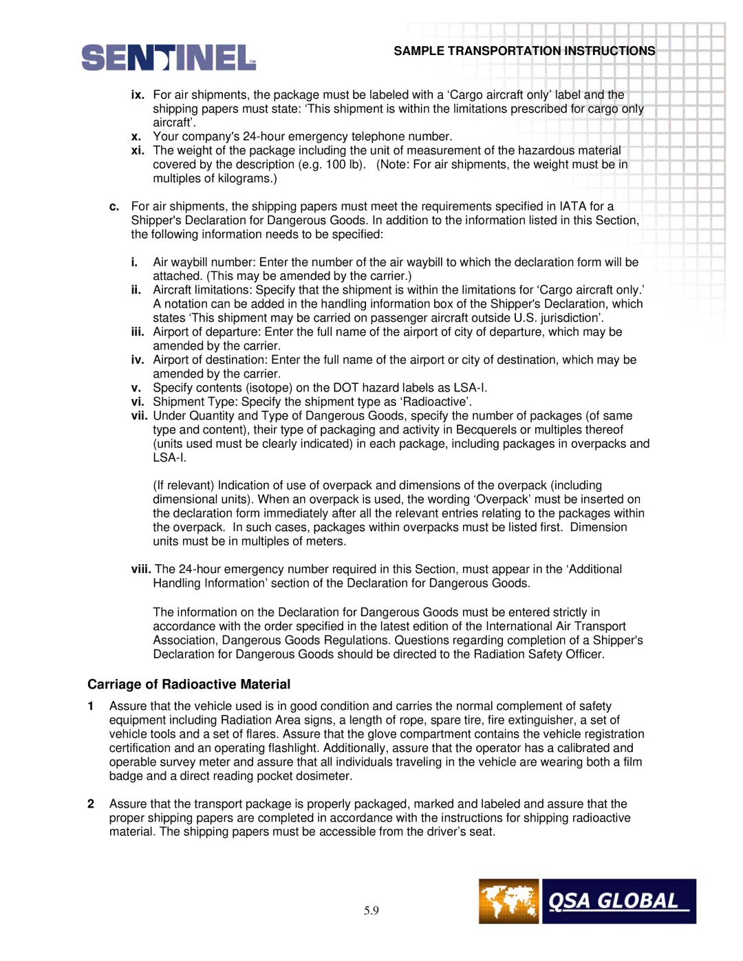 Sigma projetor manual Carriage of Radioactive Material 