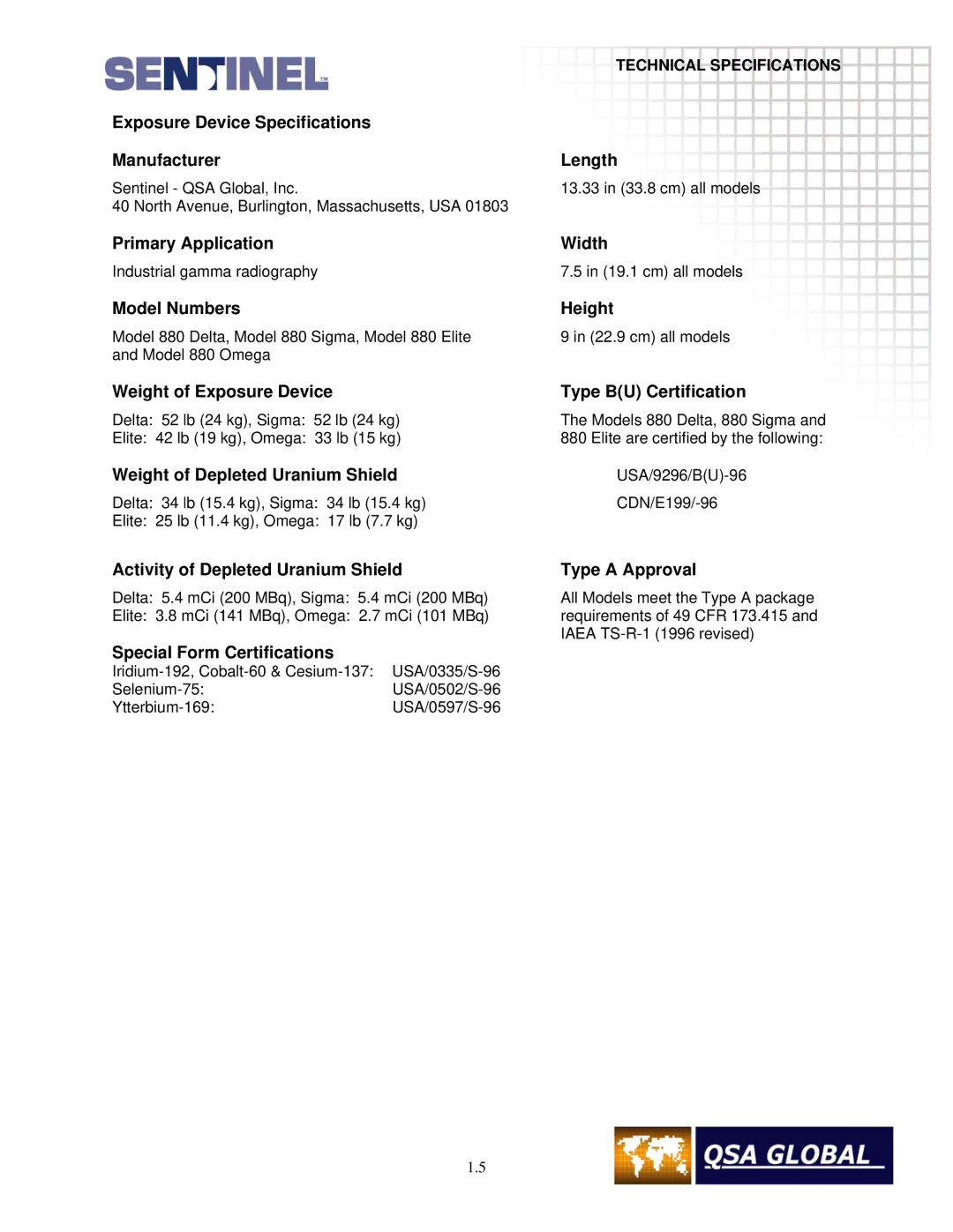 Sigma projetor manual Exposure Device Specifications Manufacturer Length, Primary Application Width, Model Numbers Height 