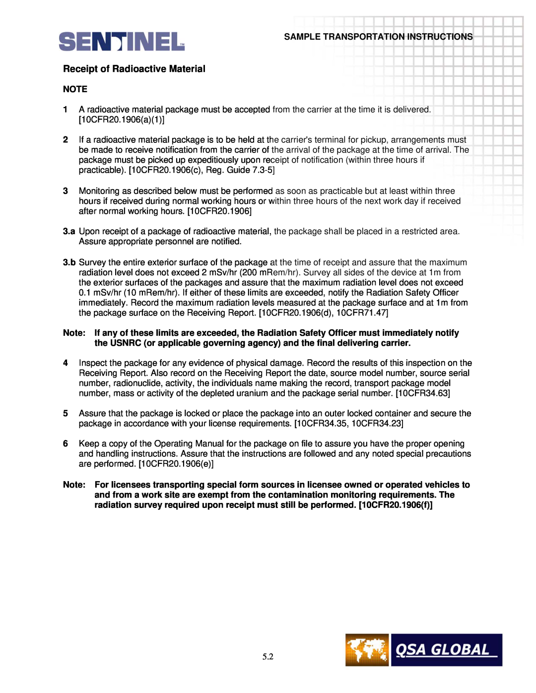 Sigma projetor manual Receipt of Radioactive Material, Sample Transportation Instructions 