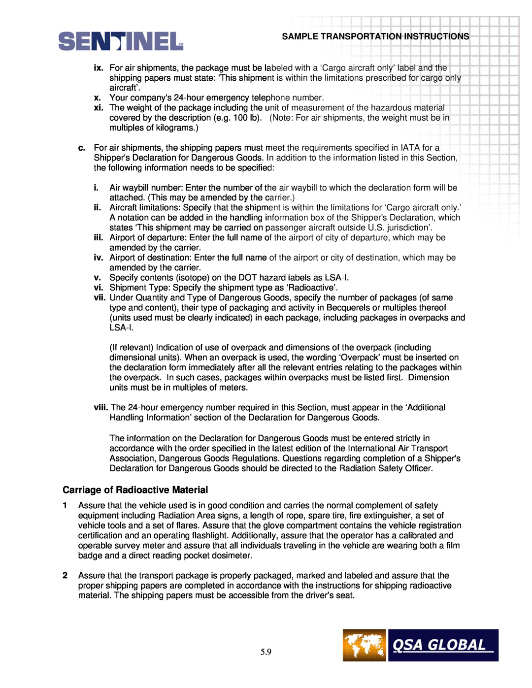 Sigma projetor manual Carriage of Radioactive Material, Sample Transportation Instructions 