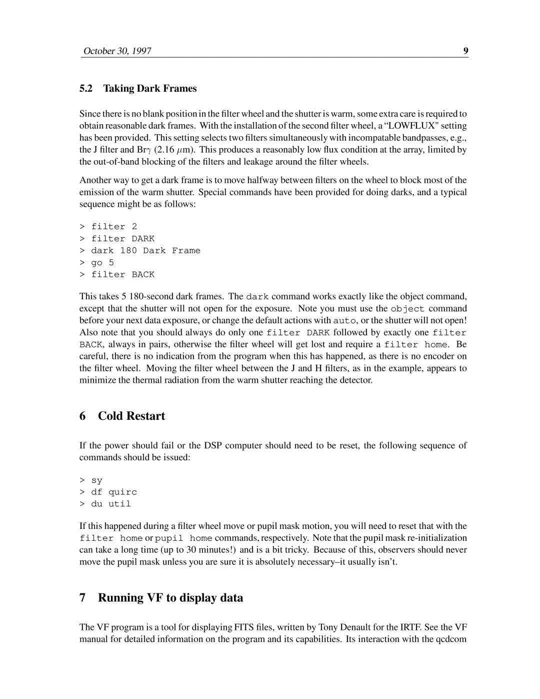 Sigma QUick Infrared Camera manual Cold Restart, Running VF to display data, Taking Dark Frames 