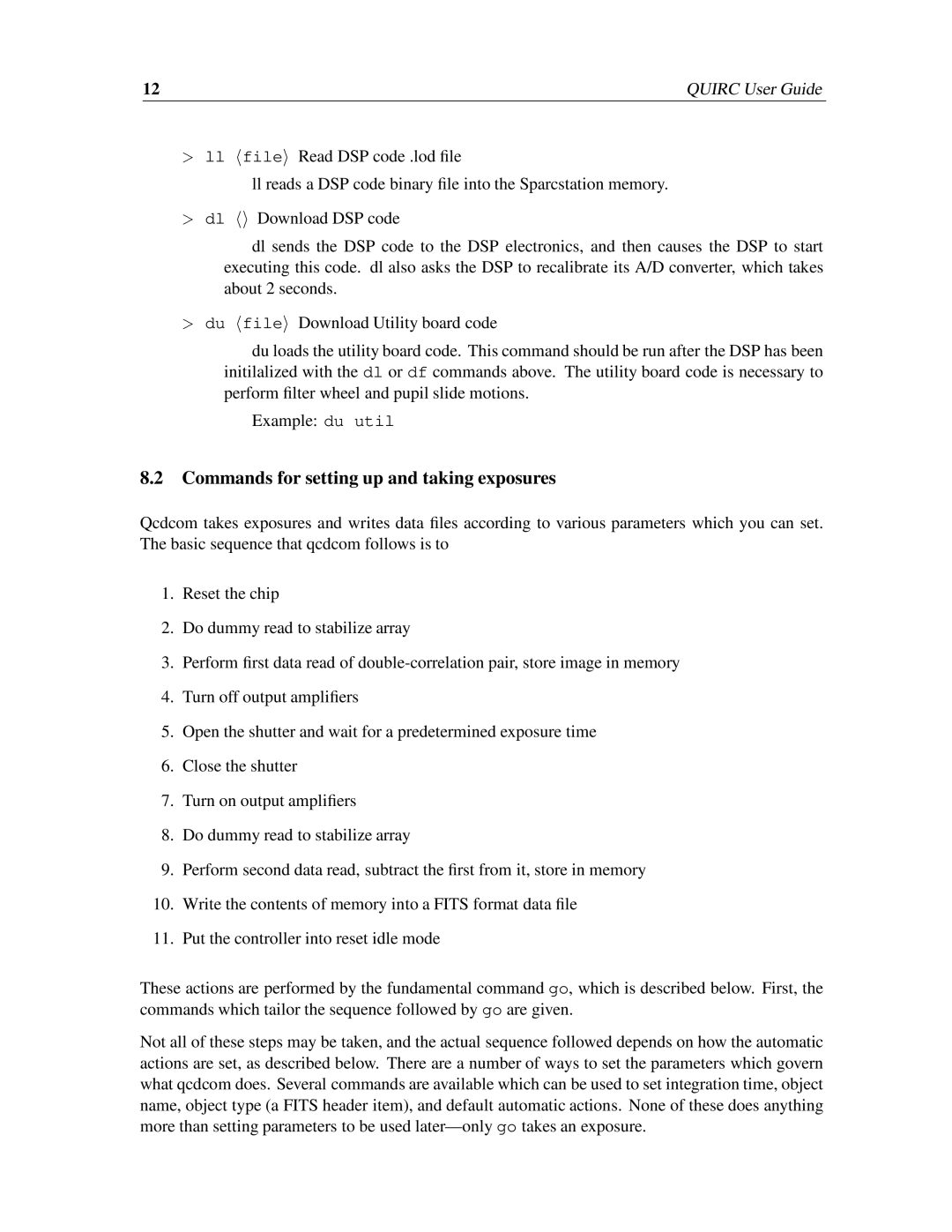 Sigma QUick Infrared Camera manual Commands for setting up and taking exposures 