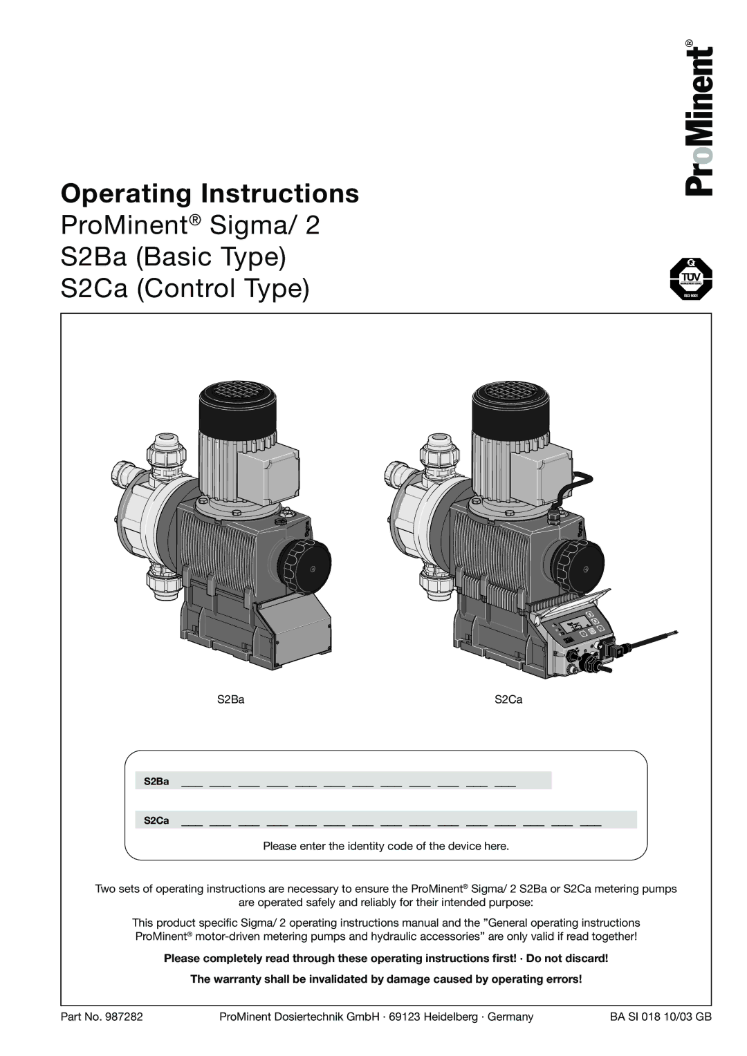 Sigma S2Ca, S2Ba warranty Operating Instructions 