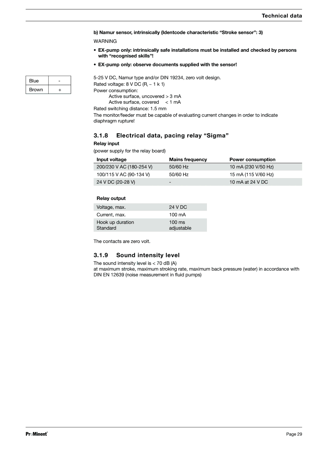 Sigma S2Ca, S2Ba warranty Electrical data, pacing relay ÒSigmaÓ, Sound intensity level, Relay input, Relay output 