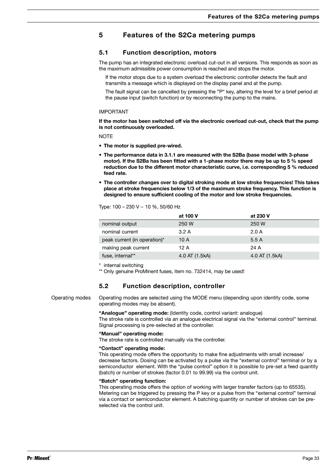 Sigma S2Ba warranty Features of the S2Ca metering pumps, Function description, motors, Function description, controller 