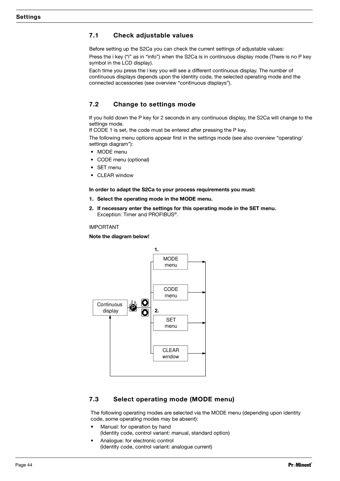 Sigma S2Ba, S2Ca warranty Check adjustable values, Change to settings mode, Select operating mode Mode menu 