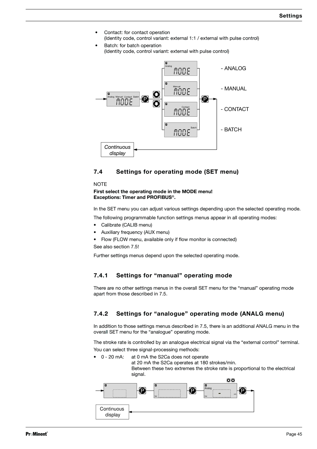 Sigma S2Ca, S2Ba warranty Settings for operating mode SET menu, Settings for ÒmanualÓ operating mode 