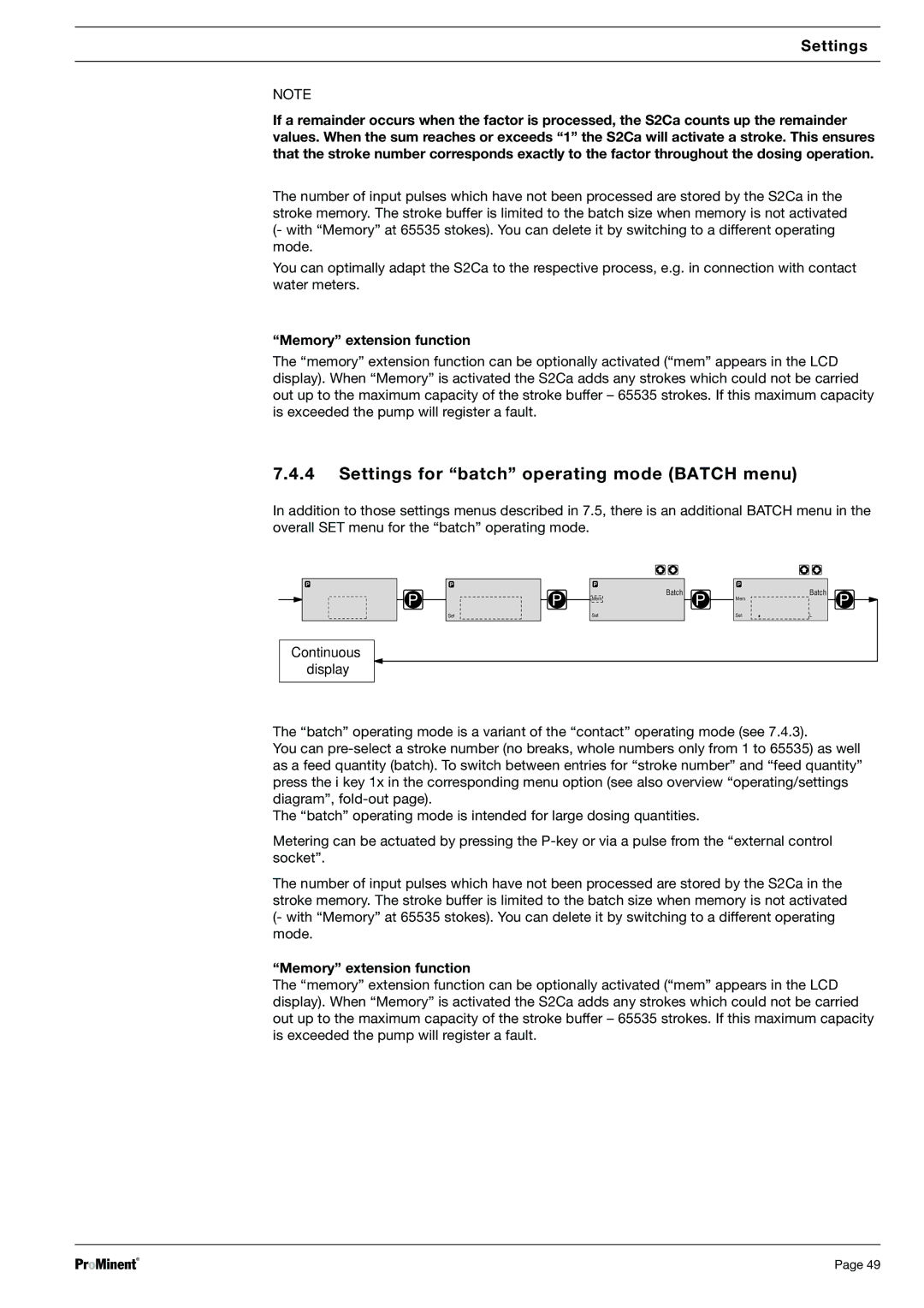 Sigma S2Ca, S2Ba warranty Settings for ÒbatchÓ operating mode Batch menu, ÒMemoryÓ extension function 