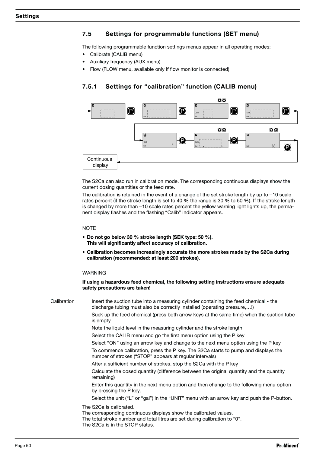 Sigma S2Ba, S2Ca warranty Settings for programmable functions SET menu, Settings for ÒcalibrationÓ function Calib menu 