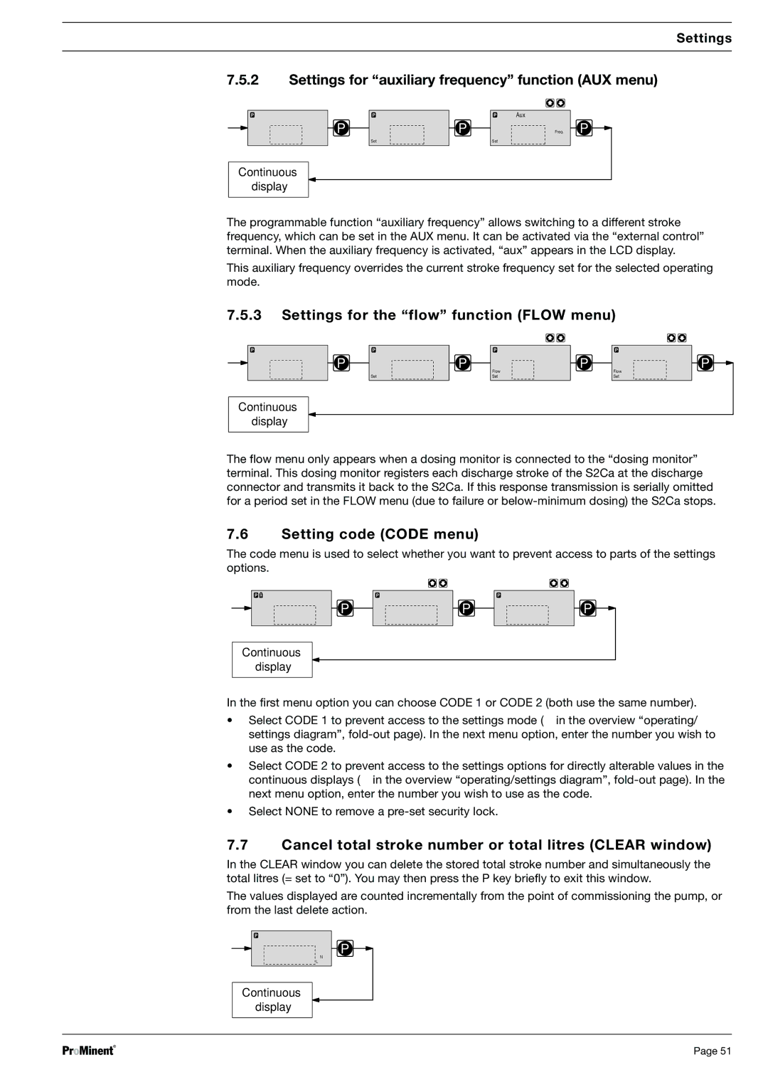 Sigma S2Ca, S2Ba warranty Settings for Òauxiliary frequencyÓ function AUX menu, Settings for the ÒflowÓ function Flow menu 