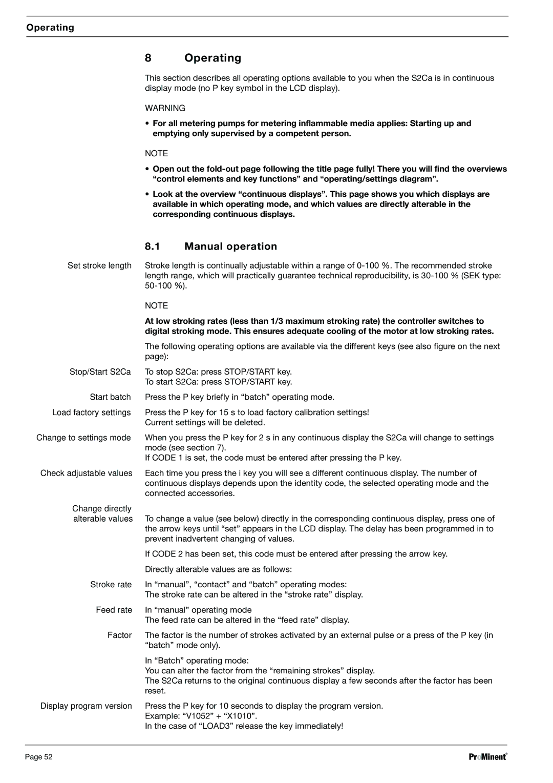 Sigma S2Ba, S2Ca warranty Operating, Manual operation 