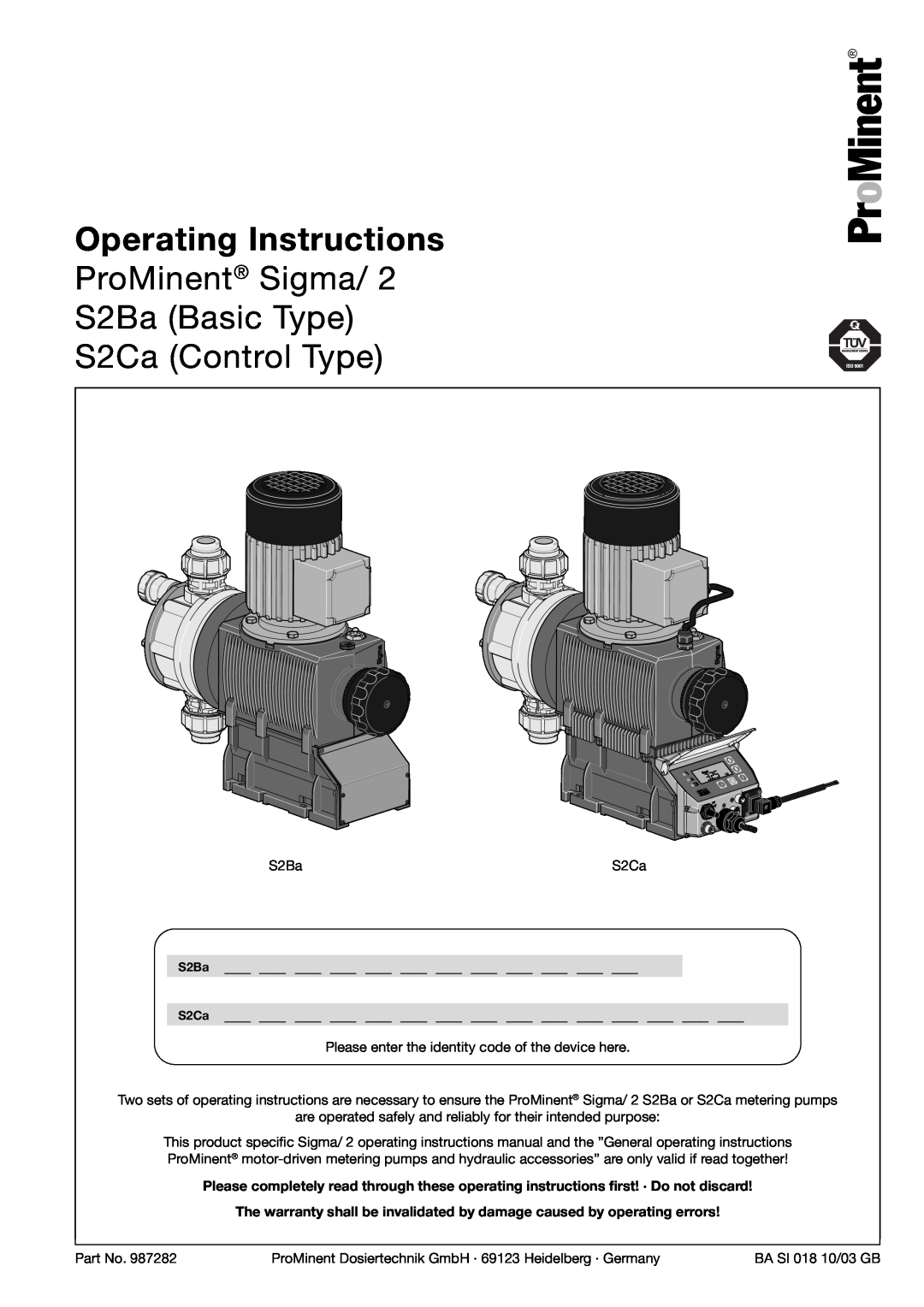 Sigma S2Ba warranty ___ ___ ___ ___ ___ ___ ___ ___ ___ ___ ___ ___, Operating Instructions, S2Ca Control Type 