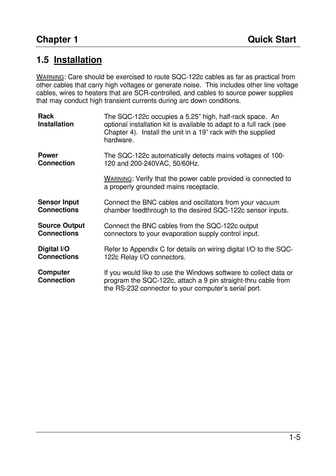 Sigma SQC-122c manual Chapter Quick Start Installation 