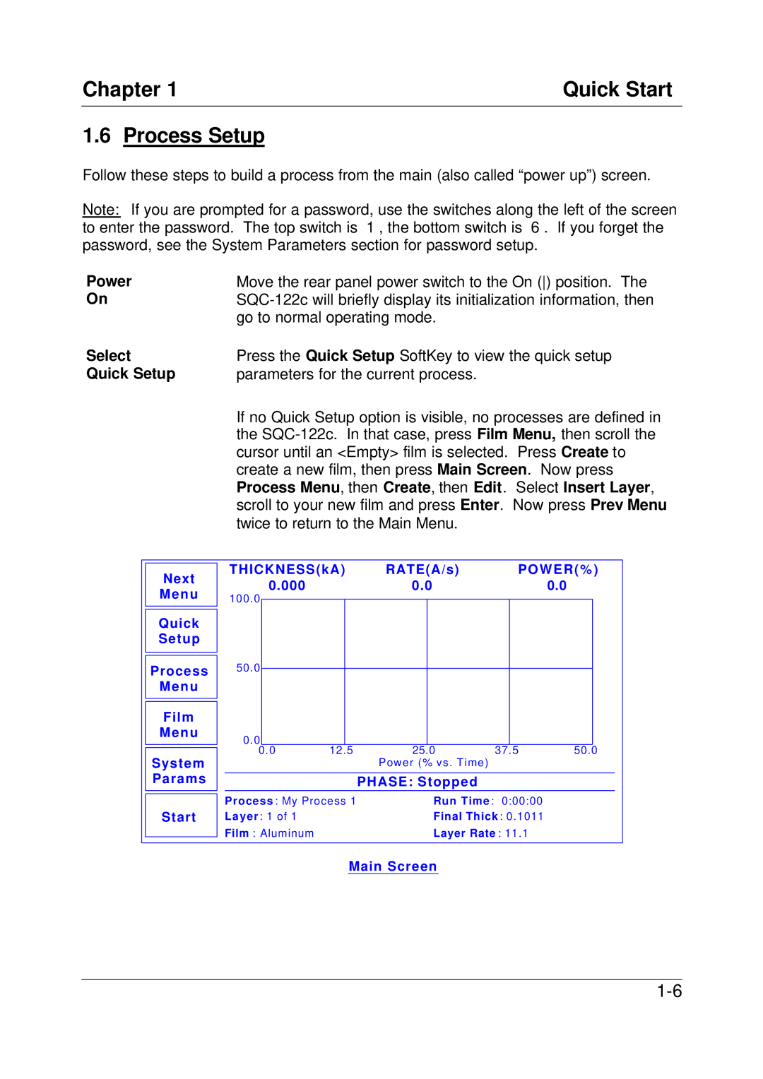 Sigma SQC-122c manual Chapter Quick Start Process Setup, Power, Select, Quick Setup 