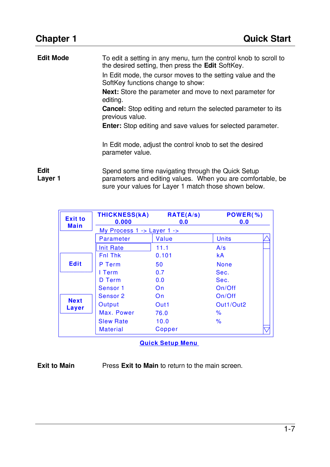 Sigma SQC-122c manual Chapter Quick Start, Edit Mode Layer, Exit to Main 