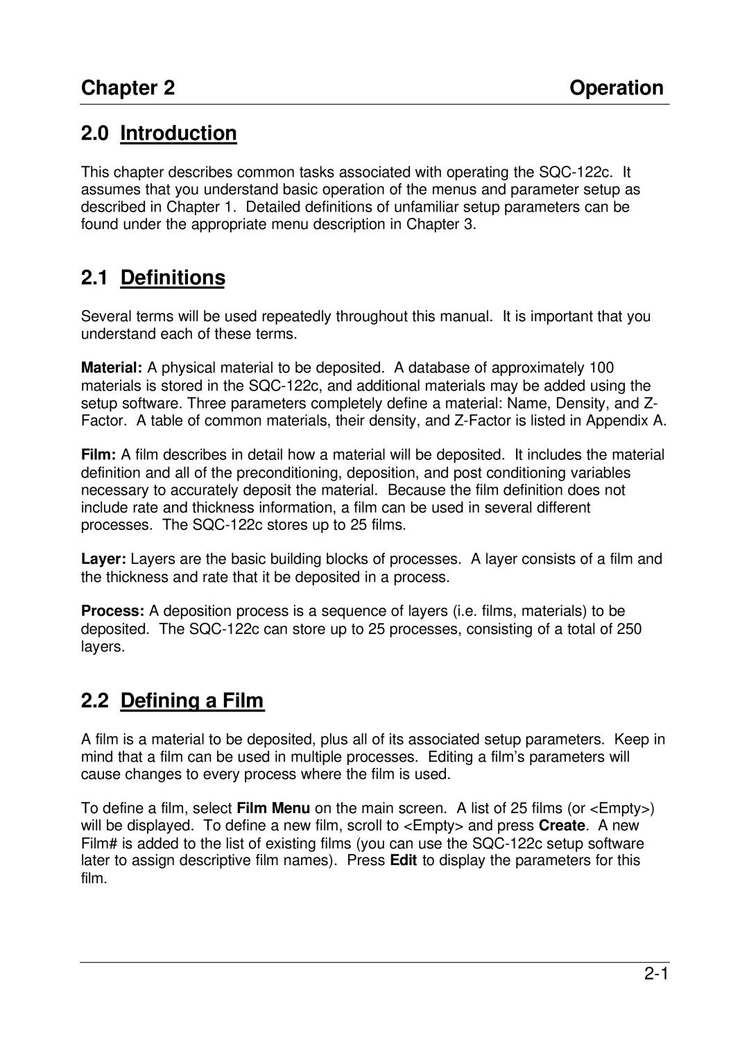 Sigma SQC-122c manual Chapter Operation Introduction, Definitions, Defining a Film 