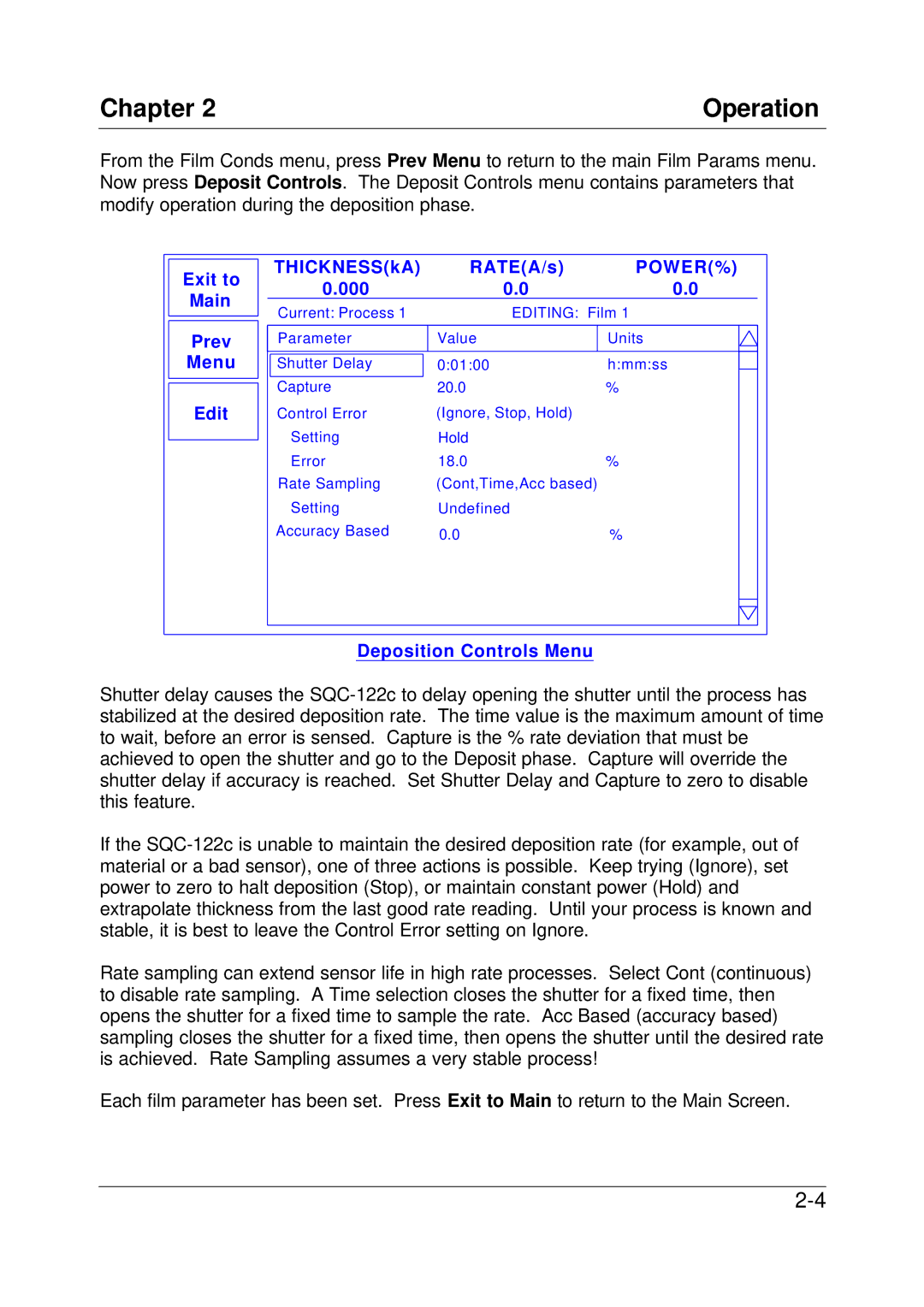 Sigma SQC-122c manual Deposition Controls Menu 