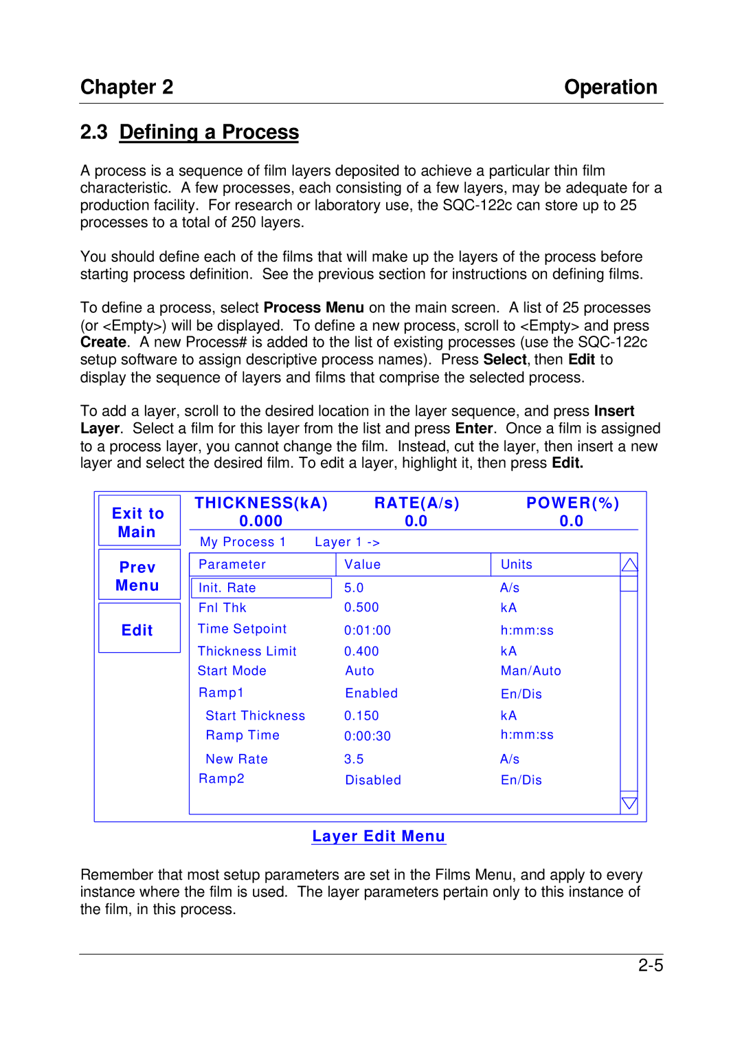 Sigma SQC-122c manual Chapter Operation Defining a Process, Layer Edit Menu 