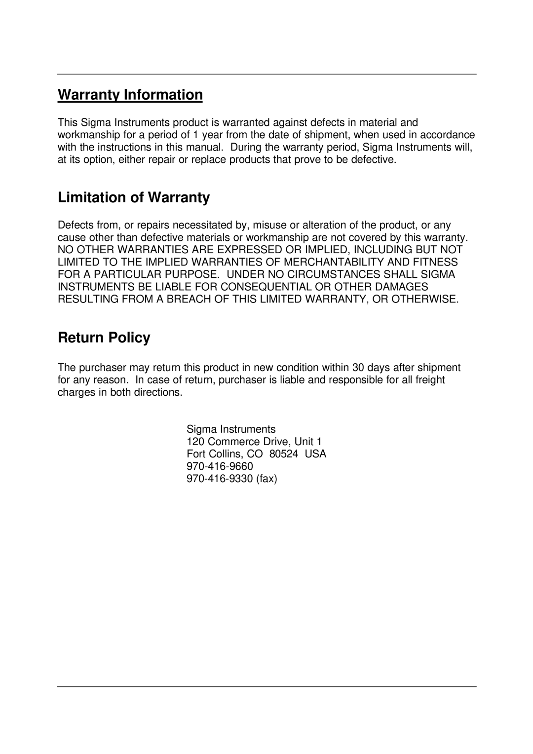 Sigma SQC-122c manual Warranty Information, Limitation of Warranty, Return Policy 