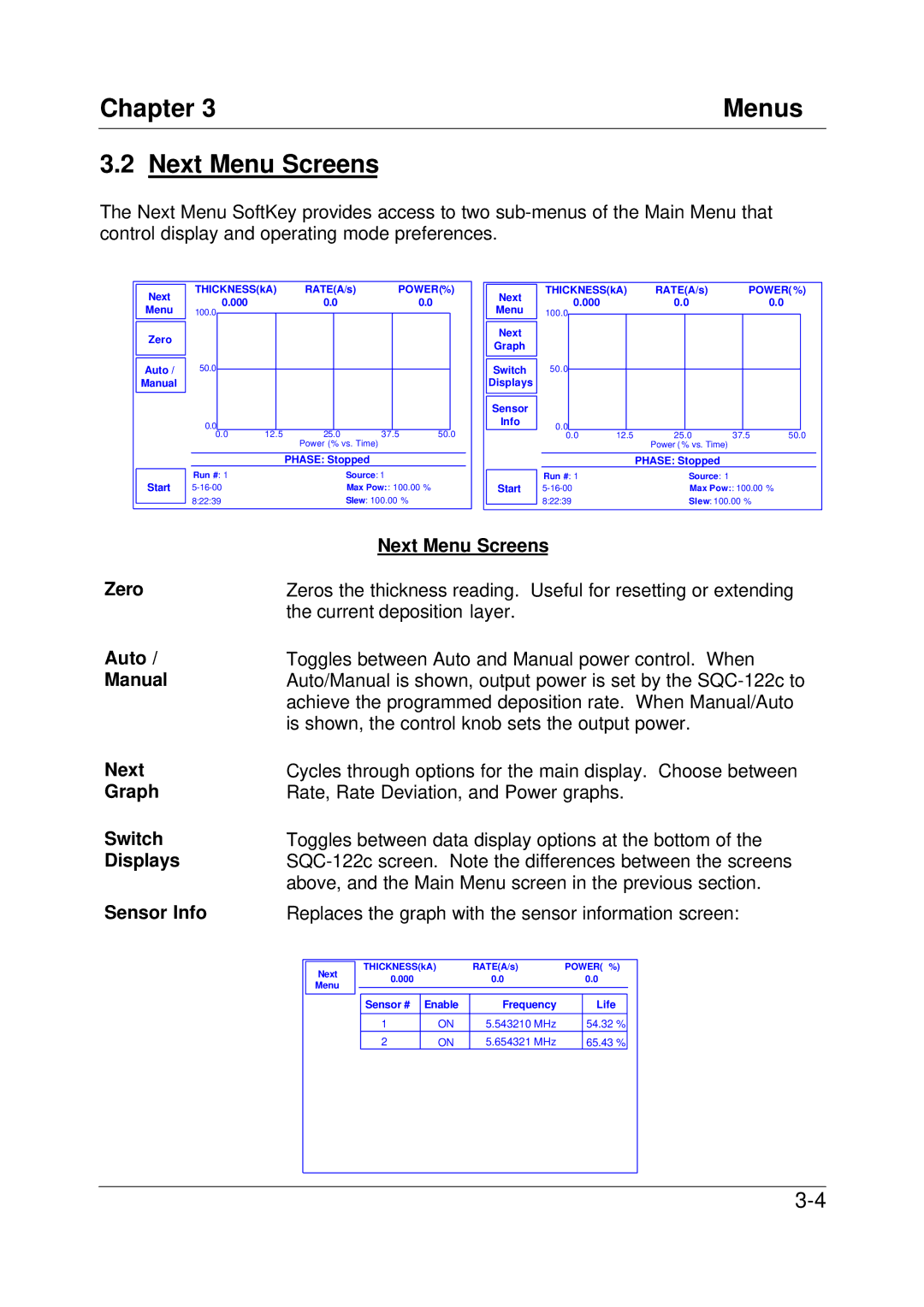 Sigma SQC-122c manual Chapter Menus Next Menu Screens 