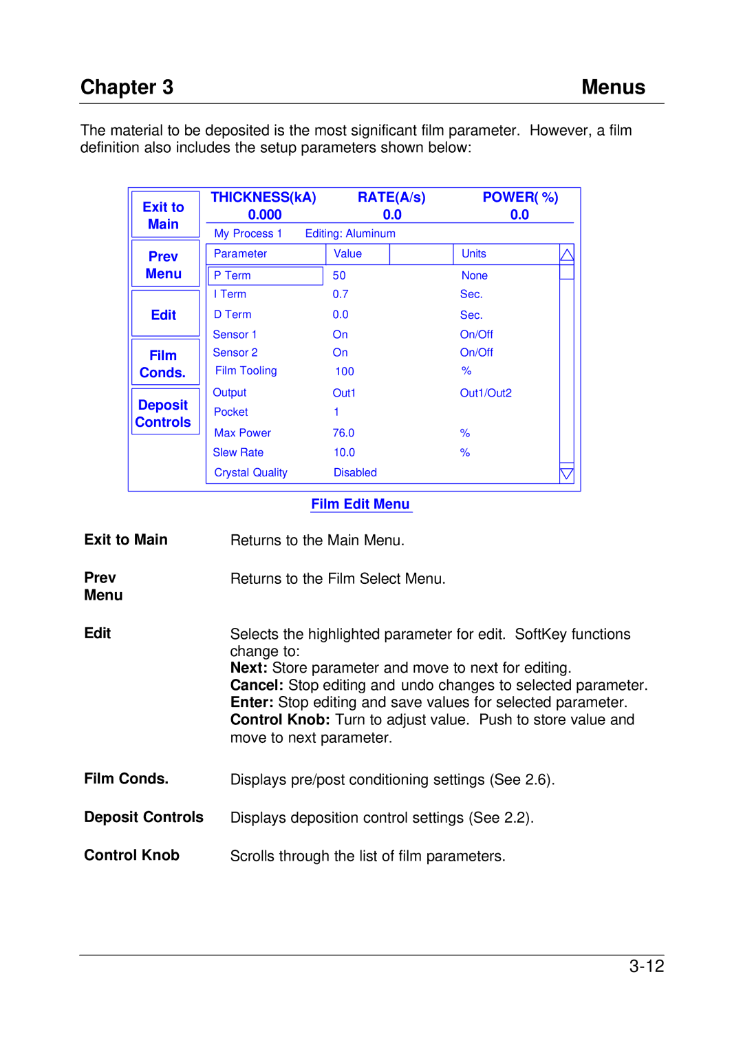 Sigma SQC-122c manual Exit to Main Prev Menu Edit 