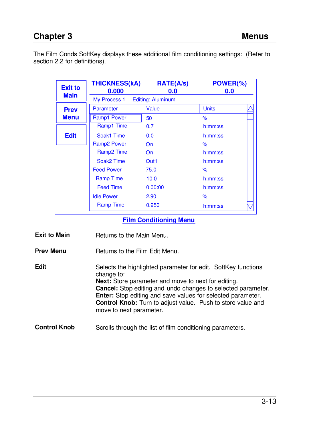 Sigma SQC-122c manual Exit to Main Prev Menu Edit THICKNESSkA RATEA/s 