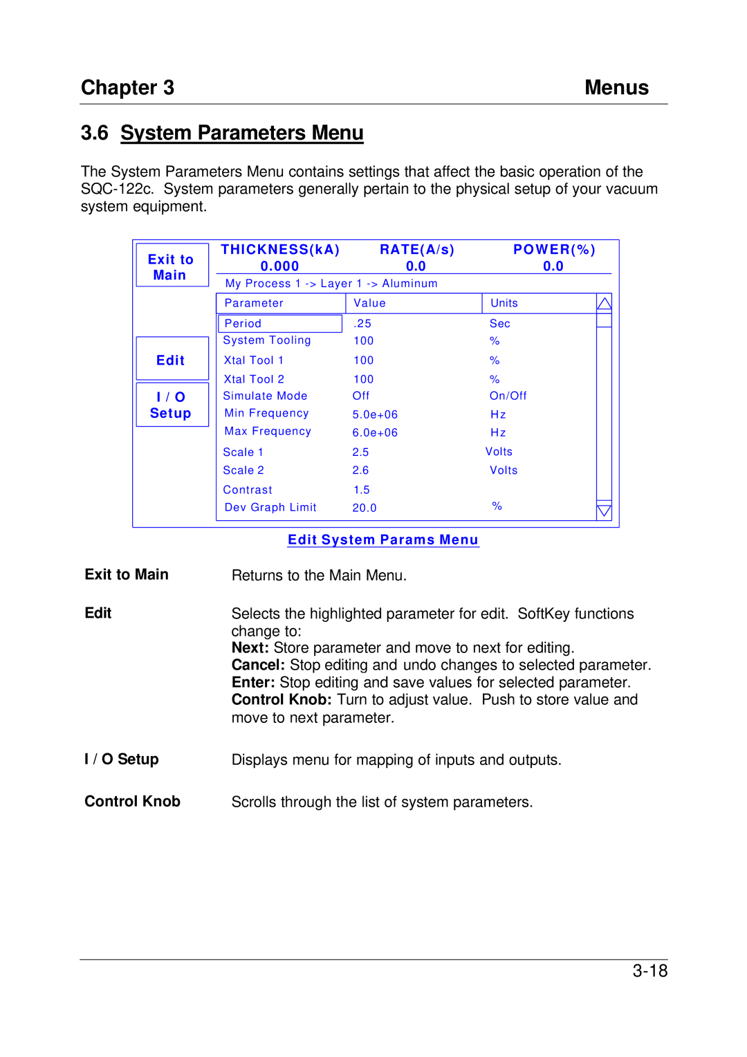 Sigma SQC-122c manual Chapter Menus System Parameters Menu, Exit to Main Edit 